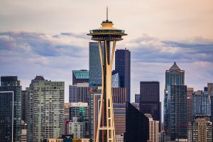 Seattle skyline panorama with the Seattle Space Needle at sunset view from Kerry Park in Seattle, WA